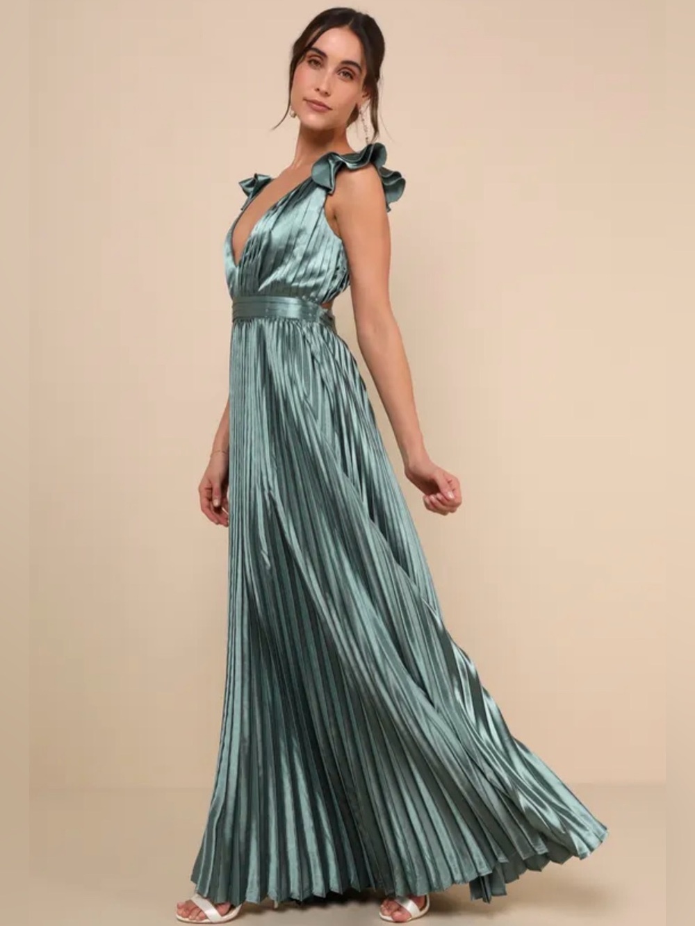 Lulu's Metallic Teal Pleated Maxi Dress with Ruffle Shoulders
